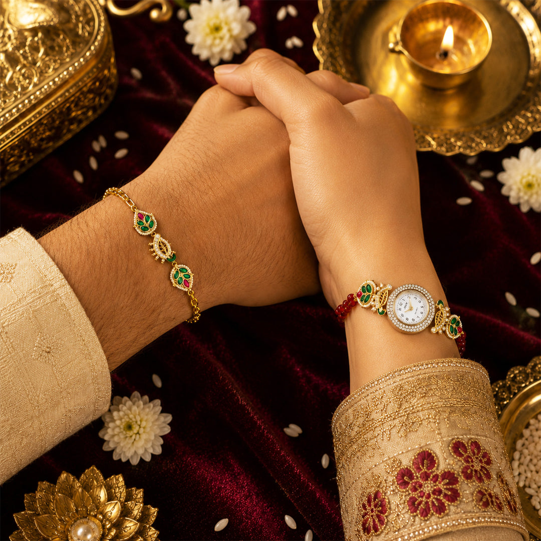 Handmade Kundan & Pearl Royal Heritage Rakhi & Bhabhi Watch Gift Box For Bhaiya Bhabhi | Set of 2