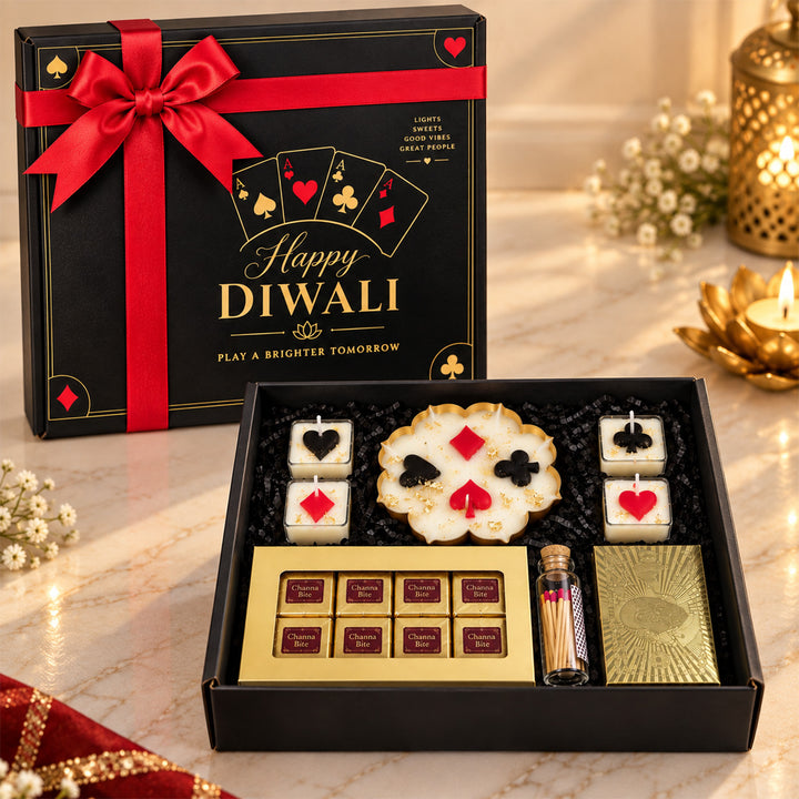 Royal Cards Poker Theme Urli Candle, Tealight & Mithai Diwali Gift Hamper