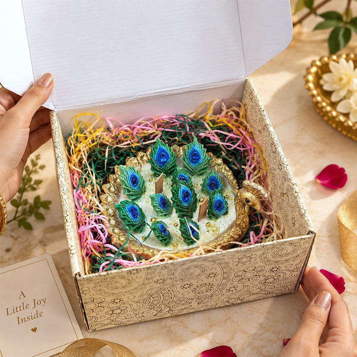 Handcrafted Royal Peacock Feather Brass Urli Sandalwood Scented Soy Wax Candle With Pearl Accents