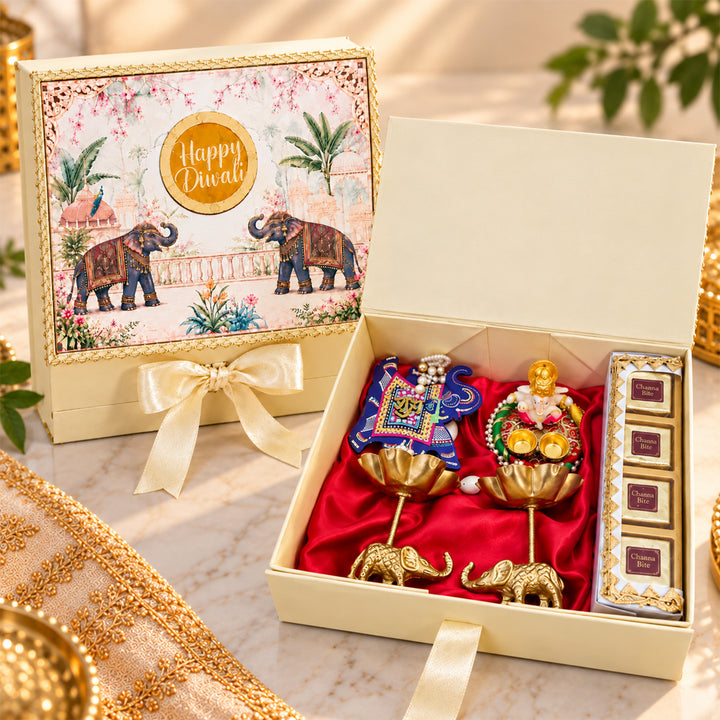 Royal Elephant Theme Urli Candle, Shubh Labh Hanging & Mithai Diwali Gift Hamper