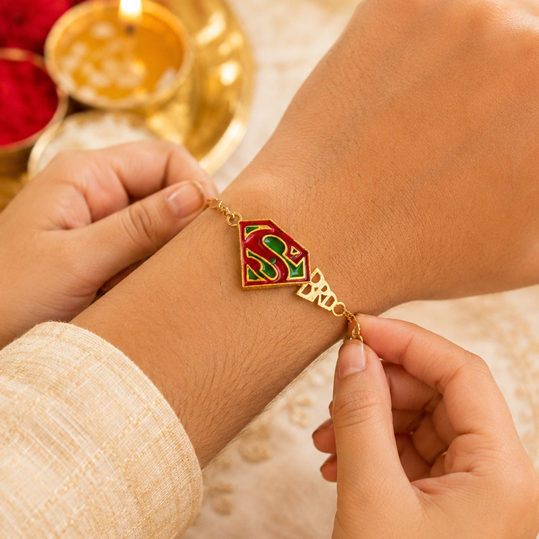 Handmade Superman BRO Metal Bracelet Rakhi With Roli Chawal For Brother