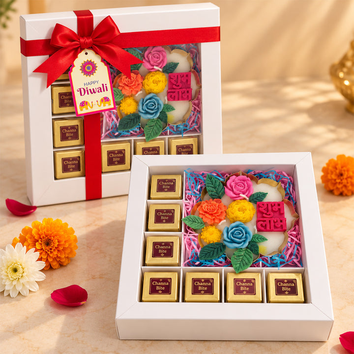 Shubh Labh Floral Lotus Urli Scented Candle & Mithai Diwali Gift Hamper