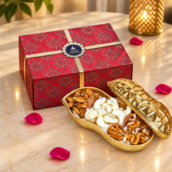 Handcrafted Golden Dryfruit Peanut Shaped Brass Urli Oud Scented Soy Wax Candle