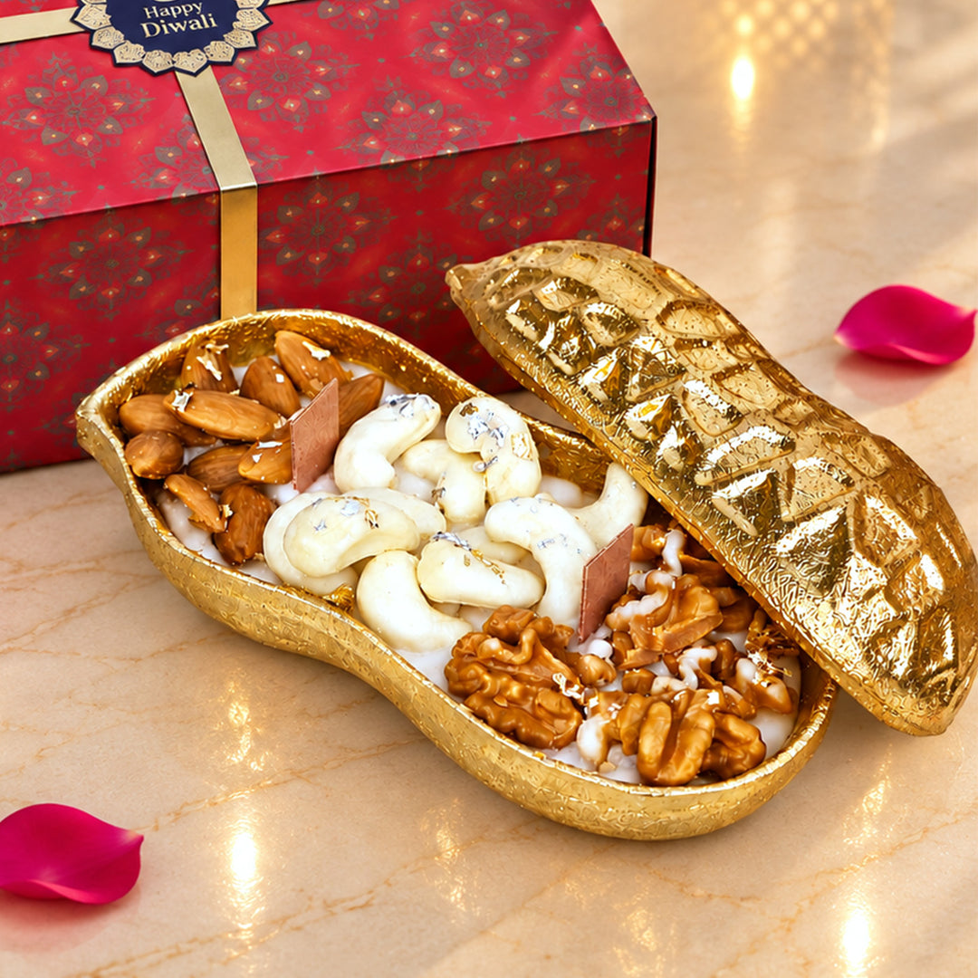 Handcrafted Golden Dryfruit Peanut Shaped Brass Urli Oud Scented Soy Wax Candle