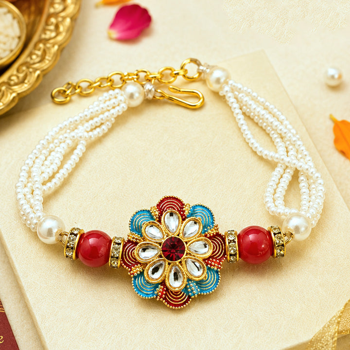 Handmade Beaded Kundan Pearl Bracelet Rakhi With Roli Chawal For Brother