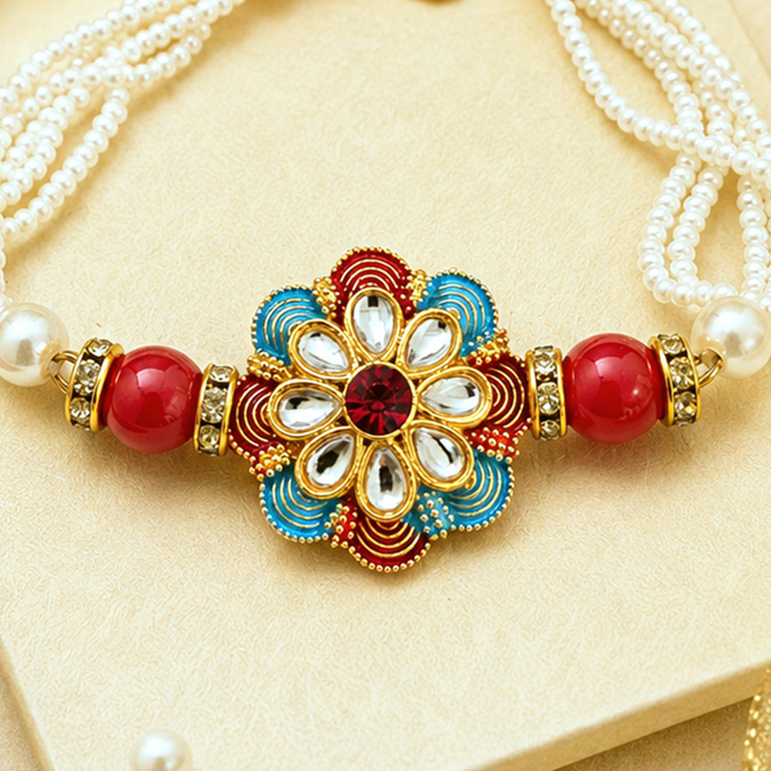 Handmade Beaded Kundan Pearl Bracelet Rakhi With Roli Chawal For Brother
