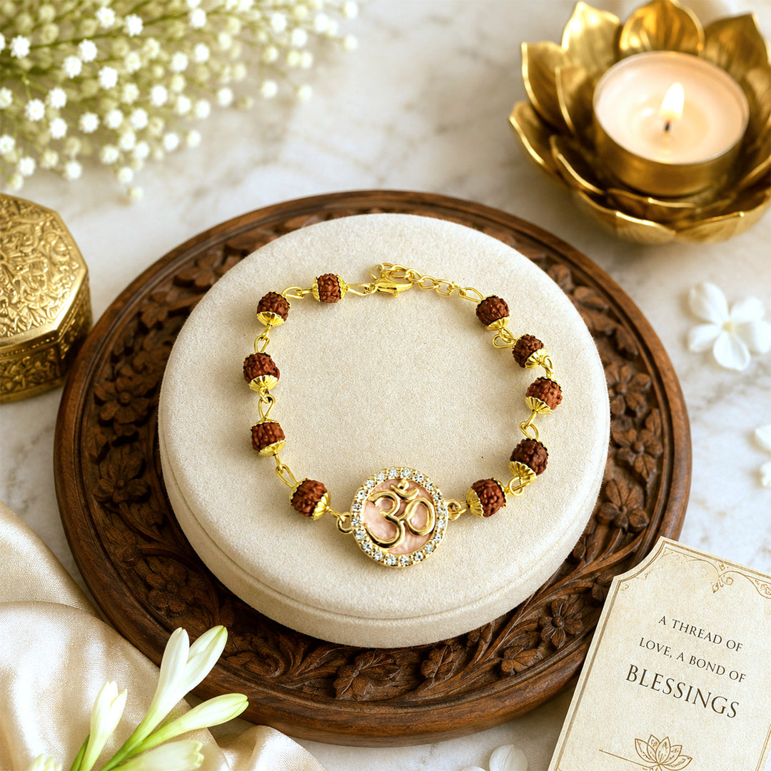 Handmade Beaded Om Rudraksha Bracelet Rakhi With Roli Chawal For Brother