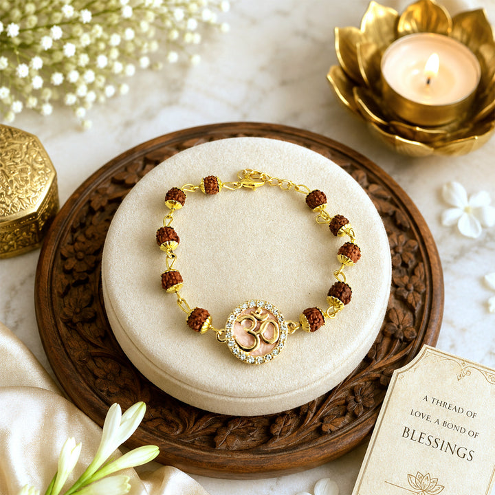 Handmade Beaded Om Rudraksha Bracelet Rakhi With Roli Chawal For Brother