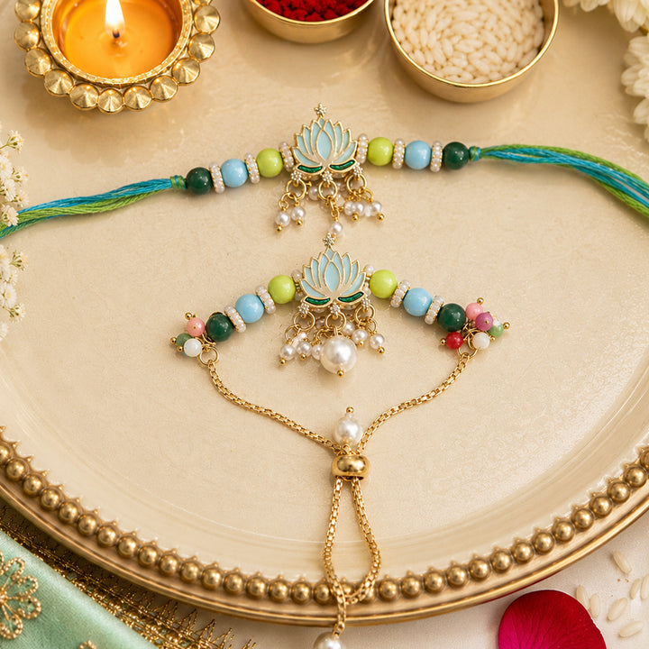 Handmade Beaded Peach Lotus Rakhi & Bracelet Lumba Gift Set For Bhaiya Bhabhi | Set of 2