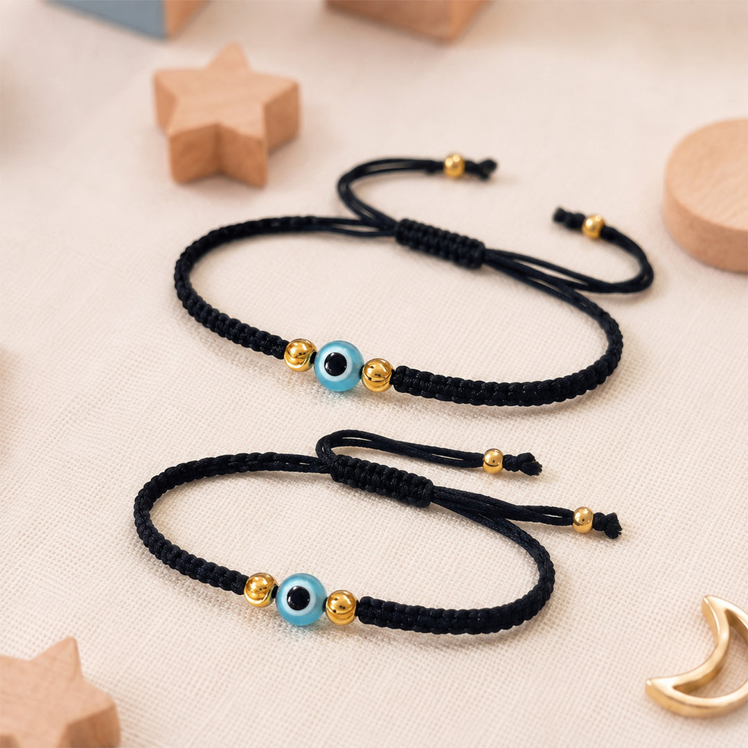 Evil Eye Gold Plated Sterling Silver Kids Nazariya Adjustable Thread Rakhi With Roli Chawal For Newborn Twins | Set of 2