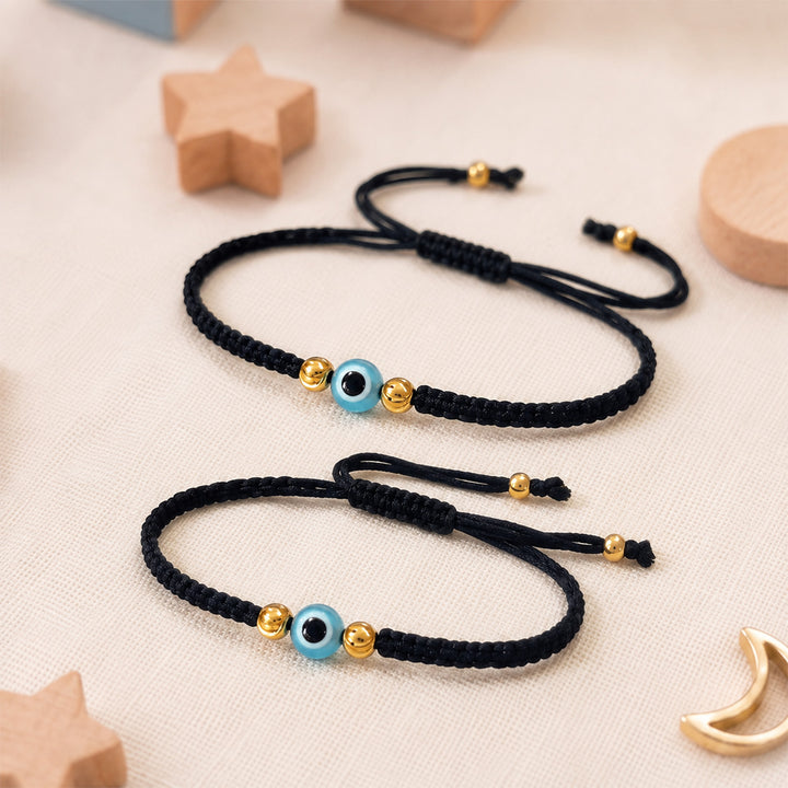 Evil Eye Gold Plated Sterling Silver Kids Nazariya Adjustable Thread Rakhi With Roli Chawal For Newborn Twins | Set of 2