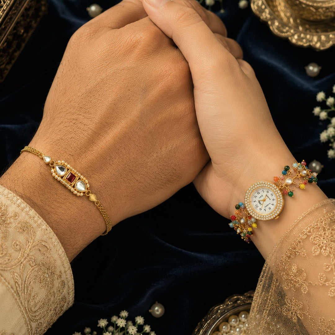 Handmade Kundan & Pearl Rajsi Bandhan Royal Rakhi & Bhabhi Watch Combo For Bhaiya Bhabhi | Set of 2