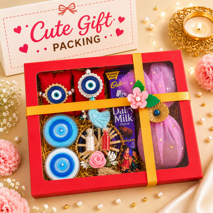 Handmade Beaded Blue Evil Eye Rakhi & Lumba Gift Set For Bhaiya Bhabhi | Set of 2