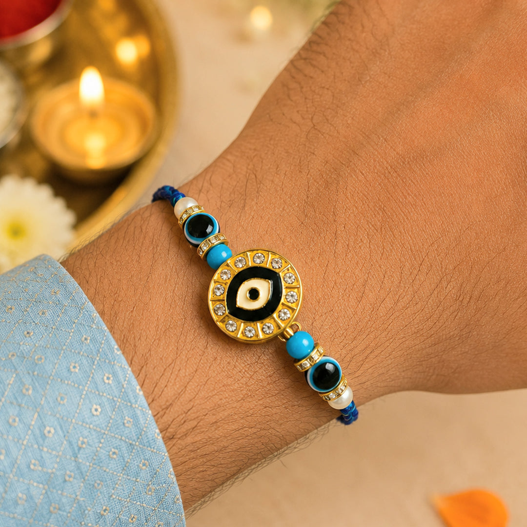 Handmade Beaded Divine Evil Eye Rakhi Gift Hamper With Roli Chawal For Brother