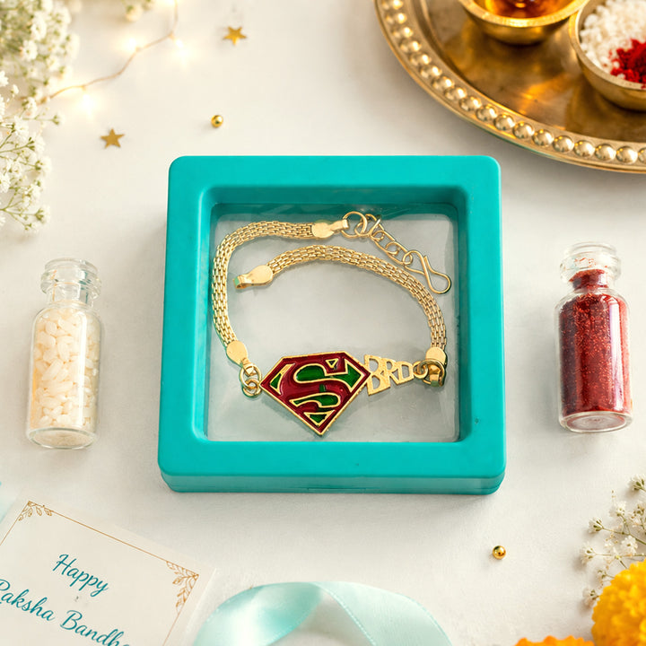 Handmade Superman BRO Metal Bracelet Rakhi With Roli Chawal For Brother
