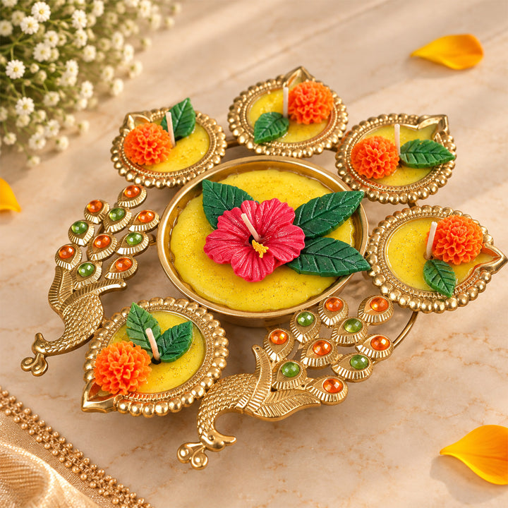 Handcrafted Peacock Rangoli Aluminium Urli Jasmine Scented Multi Wick Soy Wax Candle