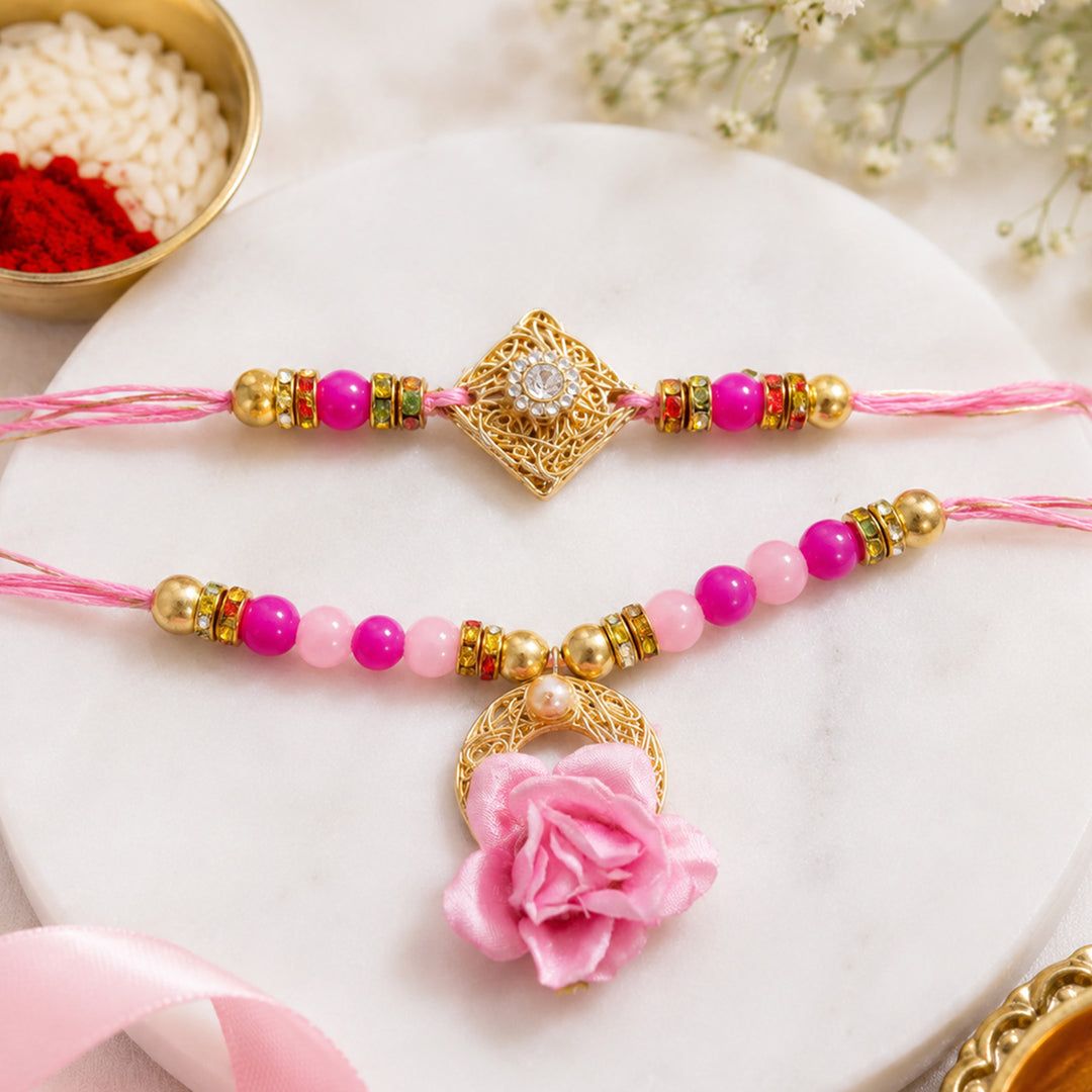 Handmade Beaded Sunflower Rakhi & Floral Lumba Gift Set For Bhaiya Bhabhi | Set of 2