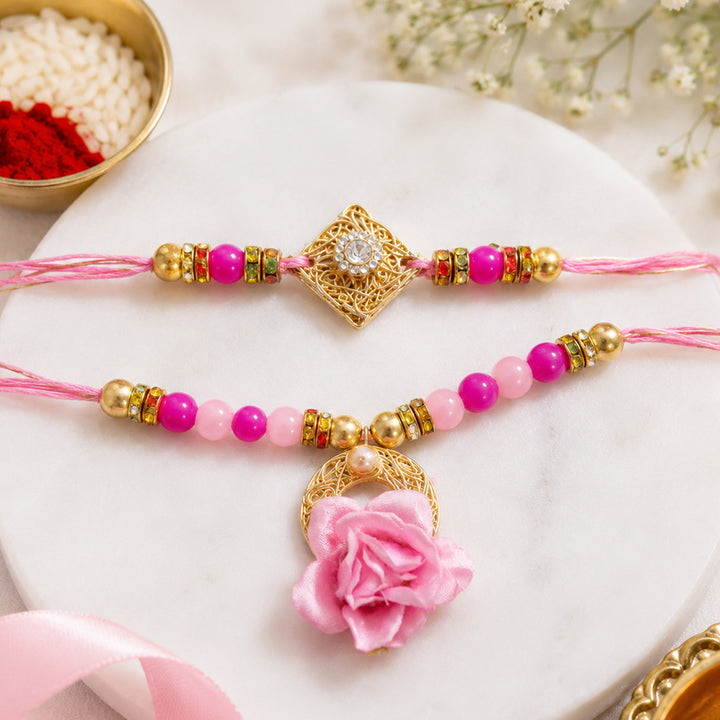 Handmade Beaded Sunflower Rakhi & Floral Lumba Gift Set For Bhaiya Bhabhi | Set of 2