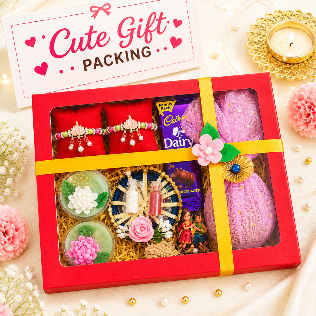 Handmade Beaded Peach Lotus Rakhi & Bracelet Lumba Gift Set For Bhaiya Bhabhi | Set of 2
