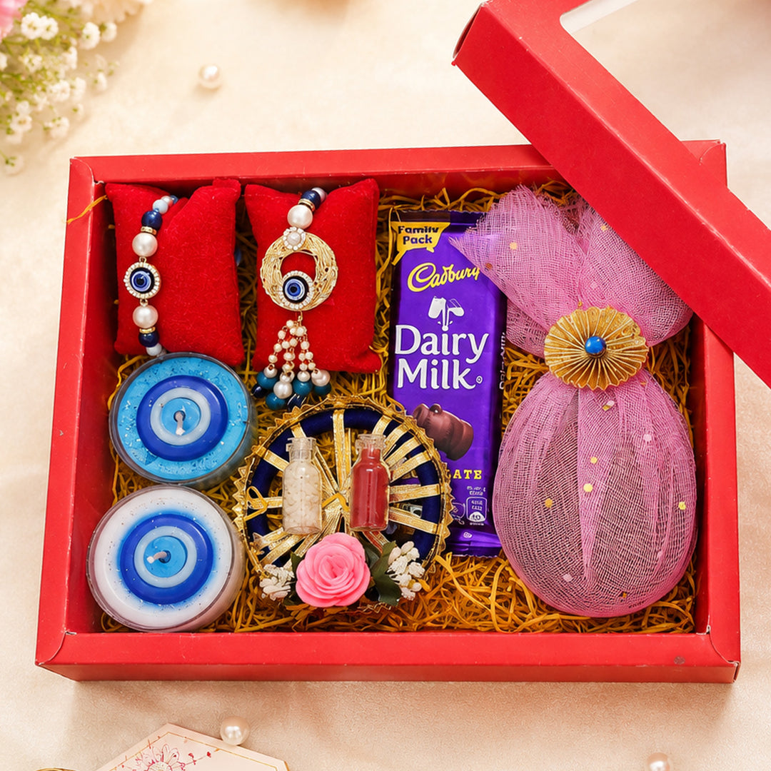 Handmade Beaded Evil Eye Rakhi & Golden Lumba Gift Set For Bhaiya Bhabhi | Set of 2
