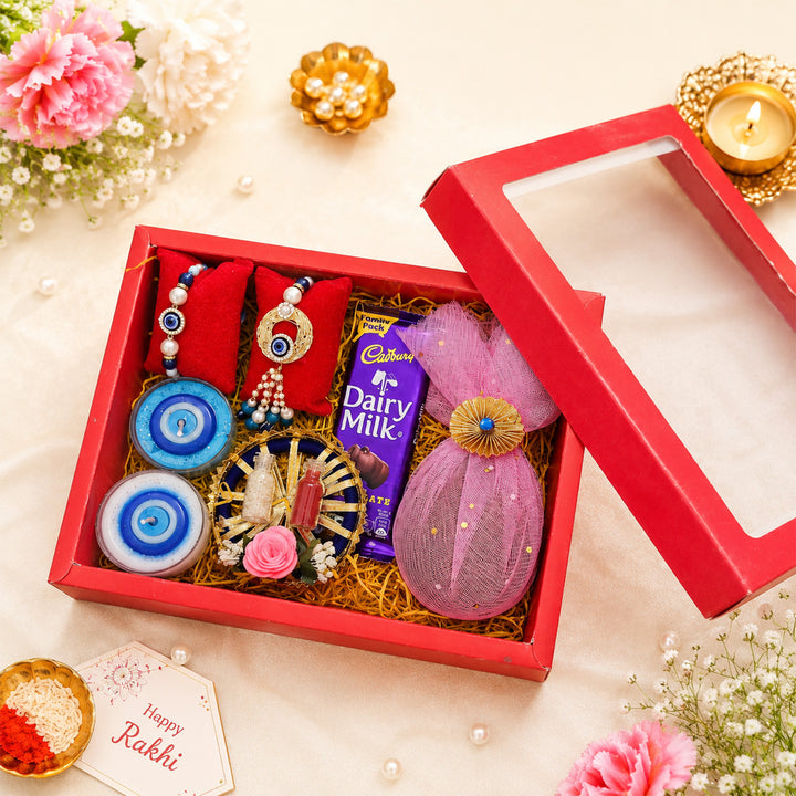 Handmade Beaded Evil Eye Rakhi & Golden Lumba Gift Set For Bhaiya Bhabhi | Set of 2