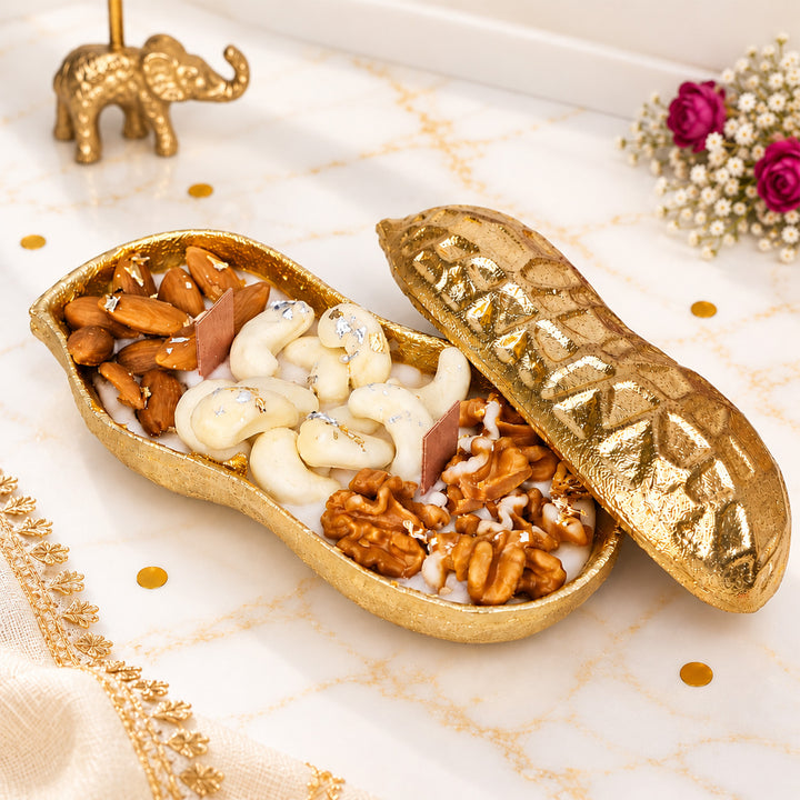 Handcrafted Golden Dryfruit Peanut Shaped Brass Urli Oud Scented Soy Wax Candle
