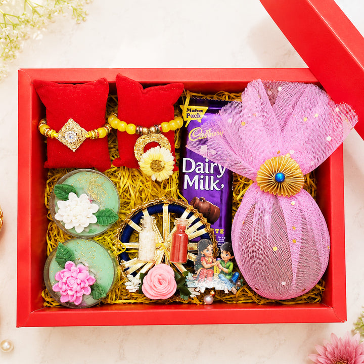Handmade Beaded Sunflower Rakhi & Floral Lumba Gift Set For Bhaiya Bhabhi | Set of 2
