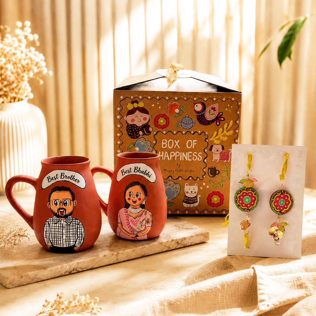 Photo Personalized "Best Brother, Best Bhabhi" Terracotta Rakhi Hamper | Includes 2 Mugs, 2 Rakhis