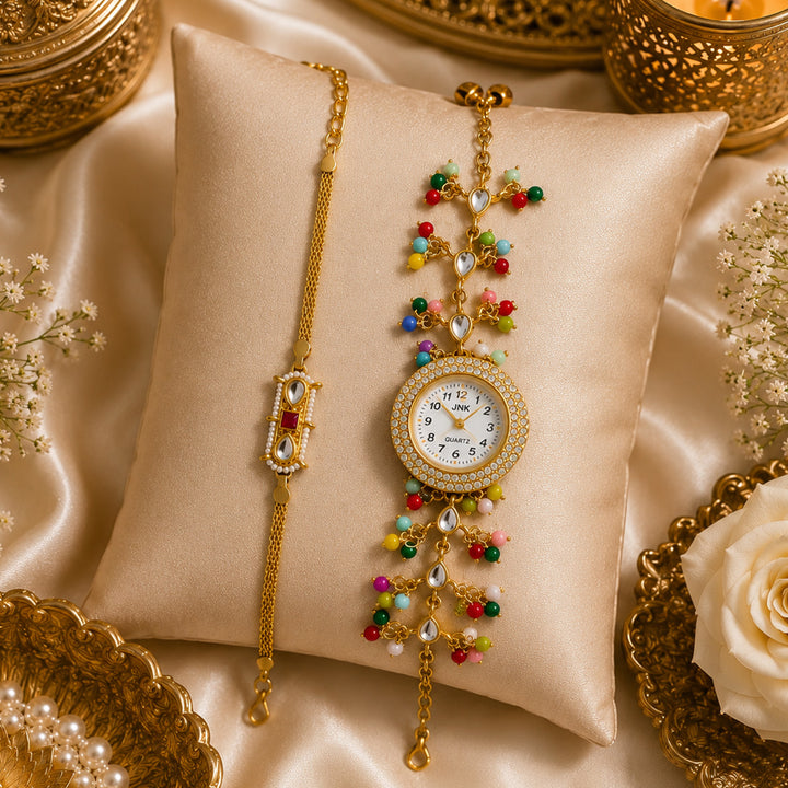 Handmade Kundan & Pearl Rajsi Bandhan Royal Rakhi & Bhabhi Watch Combo For Bhaiya Bhabhi | Set of 2