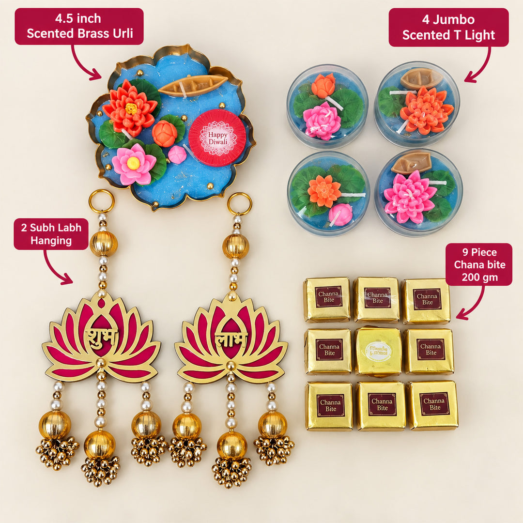 Shubh Labh Lakshmi Lotus Blessings Urli Candle, Tealight & Mithai Diwali Gift Hamper