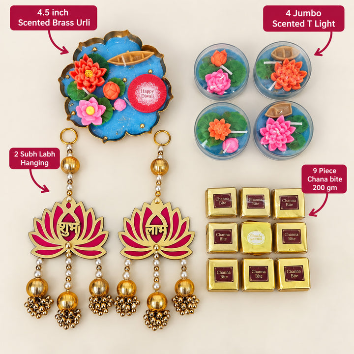 Shubh Labh Lakshmi Lotus Blessings Urli Candle, Tealight & Mithai Diwali Gift Hamper