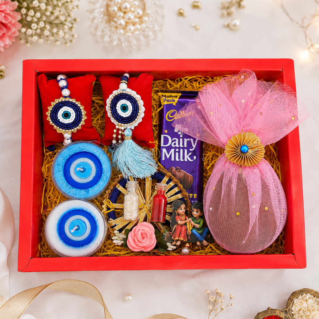Handmade Beaded Blue Evil Eye Rakhi & Lumba Gift Set For Bhaiya Bhabhi | Set of 2