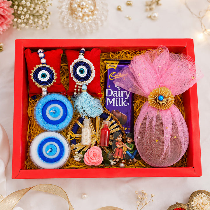 Handmade Beaded Blue Evil Eye Rakhi & Lumba Gift Set For Bhaiya Bhabhi | Set of 2