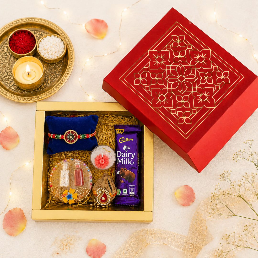 Handmade Beaded Designer Stone Rakhi Gift Hamper With Roli Chawal For Brother