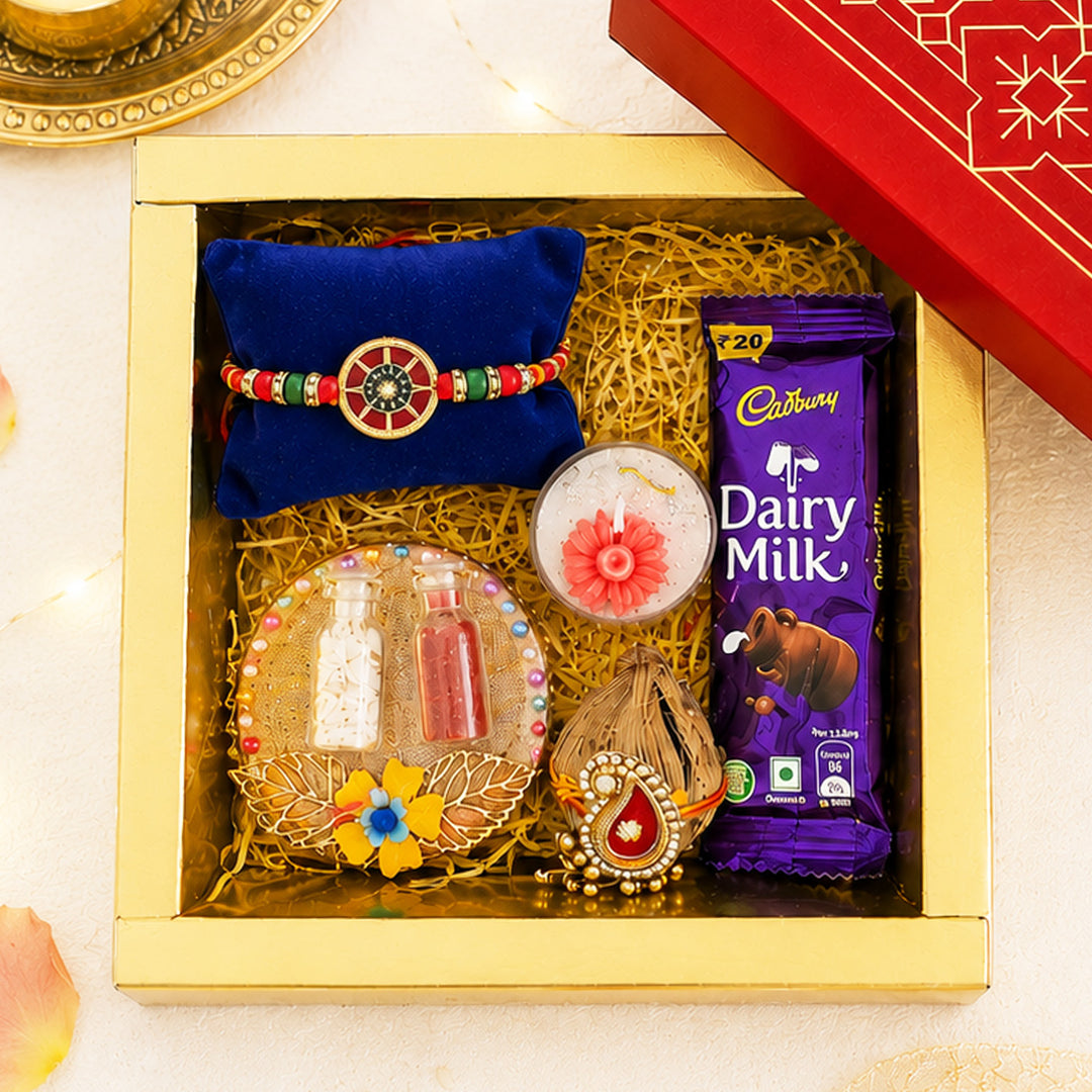 Handmade Beaded Designer Stone Rakhi Gift Hamper With Roli Chawal For Brother