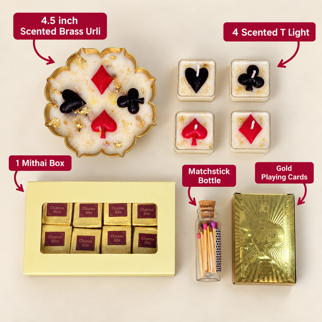 Royal Cards Poker Theme Urli Candle, Tealight & Mithai Diwali Gift Hamper
