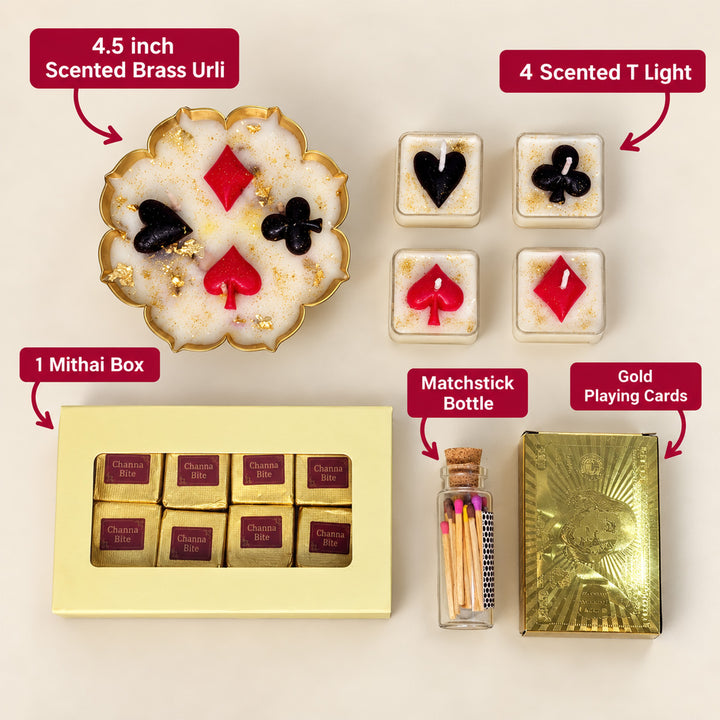 Royal Cards Poker Theme Urli Candle, Tealight & Mithai Diwali Gift Hamper