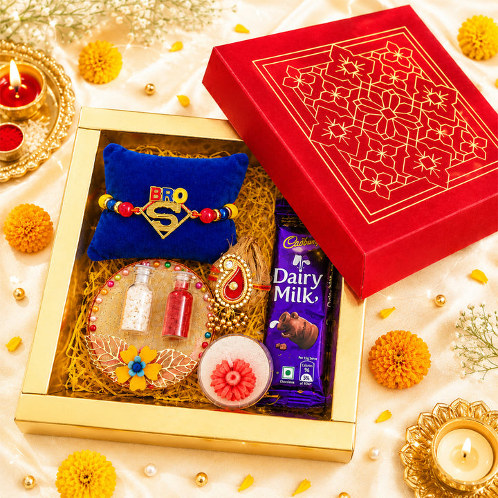 Handmade Beaded Superman Bro Rakhi Gift Hamper With Roli Chawal For Brother