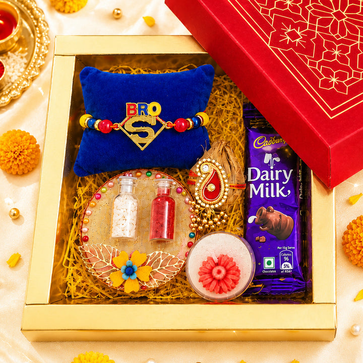 Handmade Beaded Superman Bro Rakhi Gift Hamper With Roli Chawal For Brother