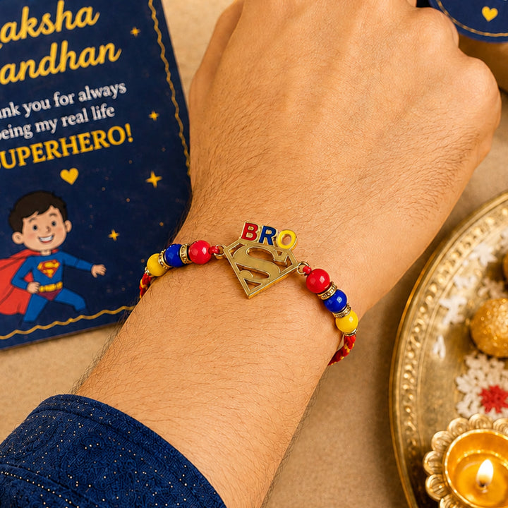 Handmade Beaded Superman Bro Rakhi Gift Hamper With Roli Chawal For Brother