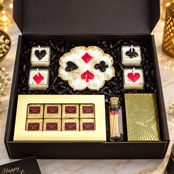 Royal Cards Poker Theme Urli Candle, Tealight & Mithai Diwali Gift Hamper