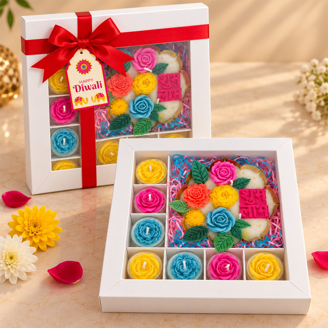 Shubh Labh Floral Bloom Scented Tealight & Lotus Urli Candle Diwali Gift Hamper