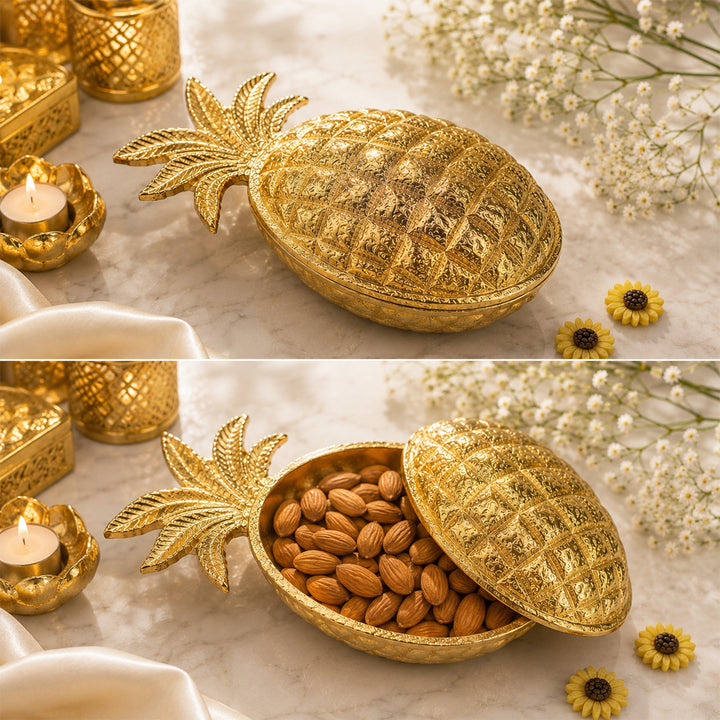 Handcrafted Golden Pineapple Floral Brass Urli Sandalwood Scented Soy Wax Candle