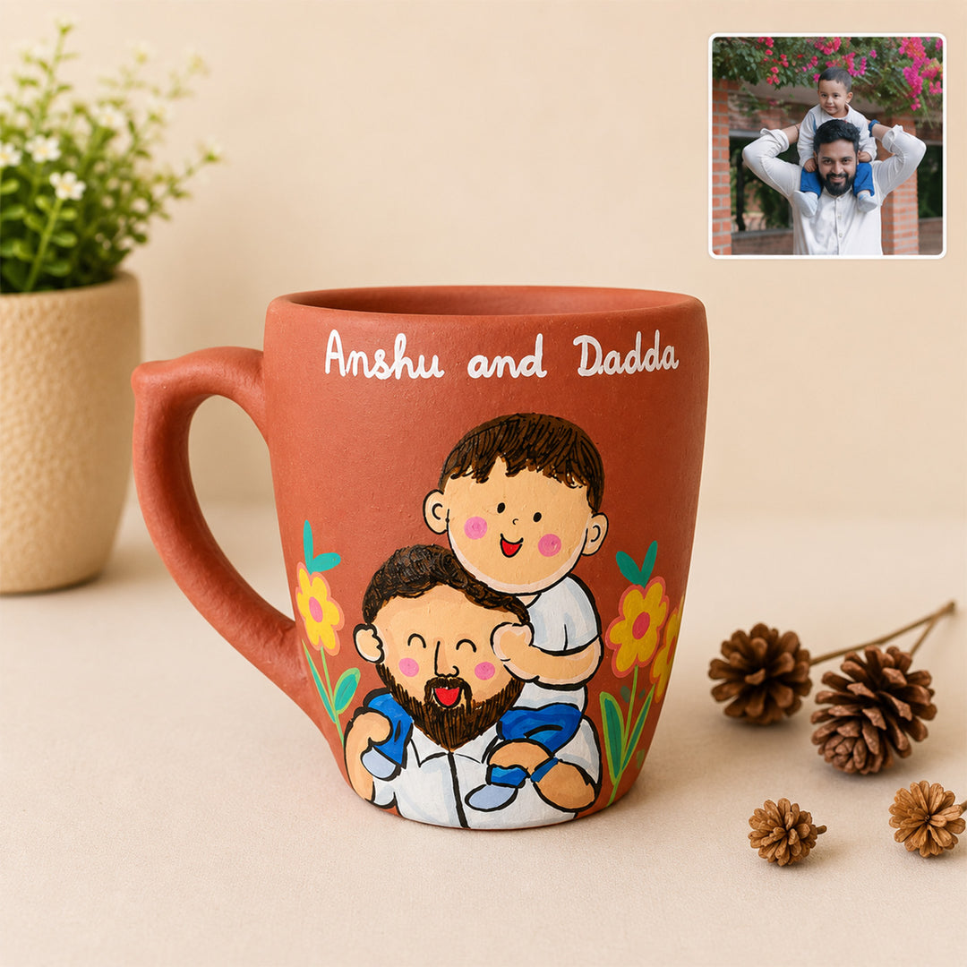 Hand-Painted Terracotta Dad & Baby Caricature Mug