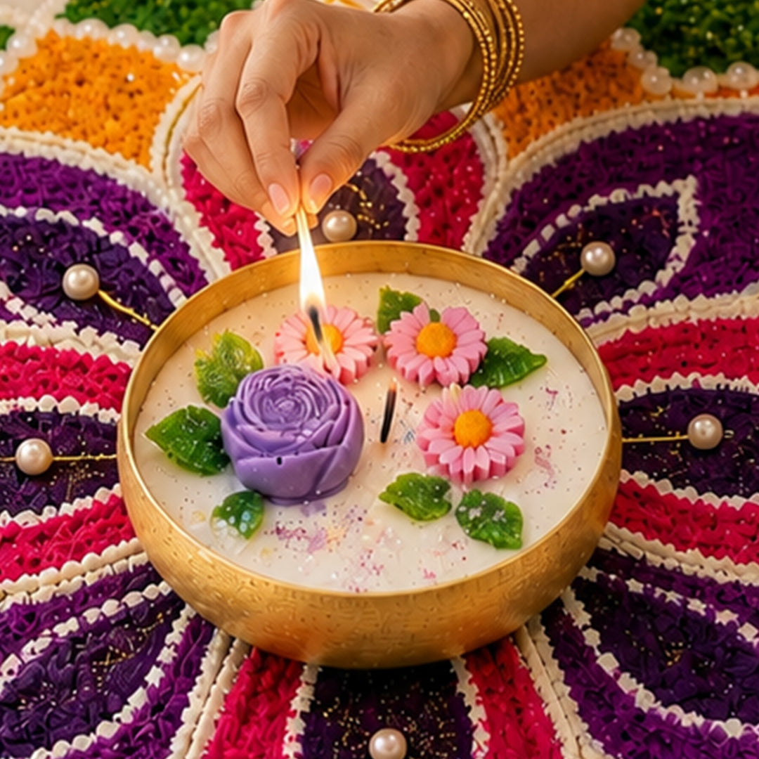 Handcrafted Royal Rose Floral Brass Urli Jasmine Scented Soy Wax Candle