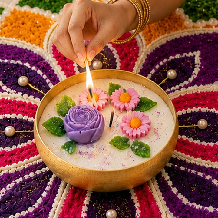 Handcrafted Royal Rose Floral Brass Urli Jasmine Scented Soy Wax Candle