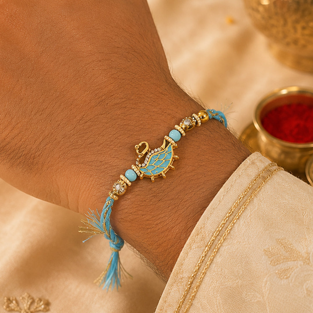 Handmade Beaded Royal Swan Motif Couple Rakhi Set For Bhaiya Bhabhi | Set of 2