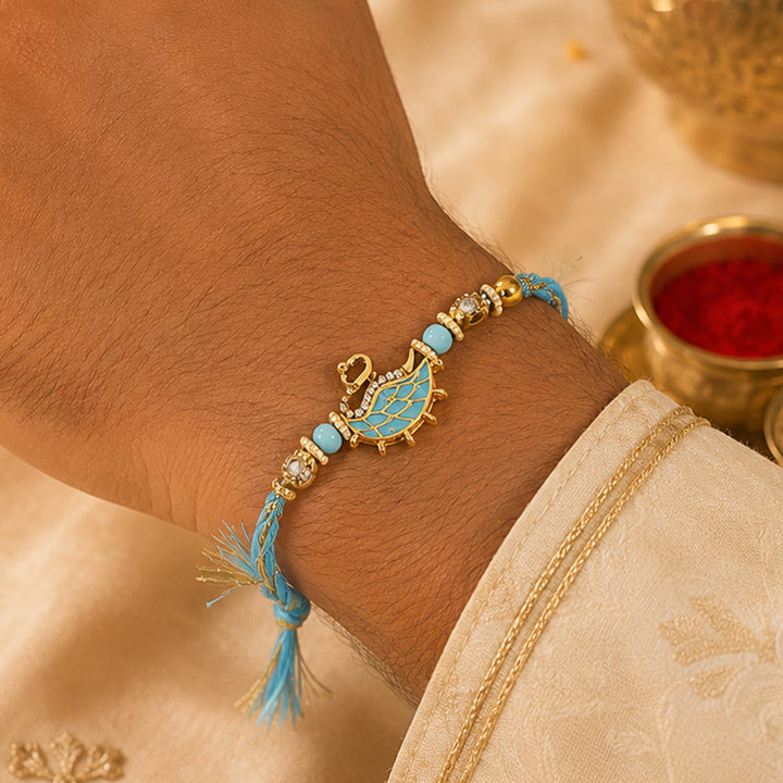 Handmade Beaded Royal Swan Motif Couple Rakhi Set For Bhaiya Bhabhi | Set of 2