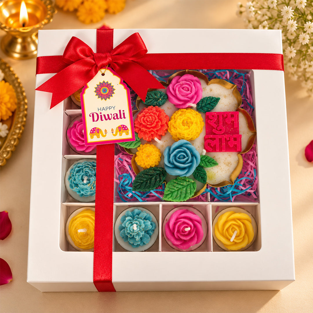 Shubh Labh Floral Bloom Scented Tealight & Lotus Urli Candle Diwali Gift Hamper