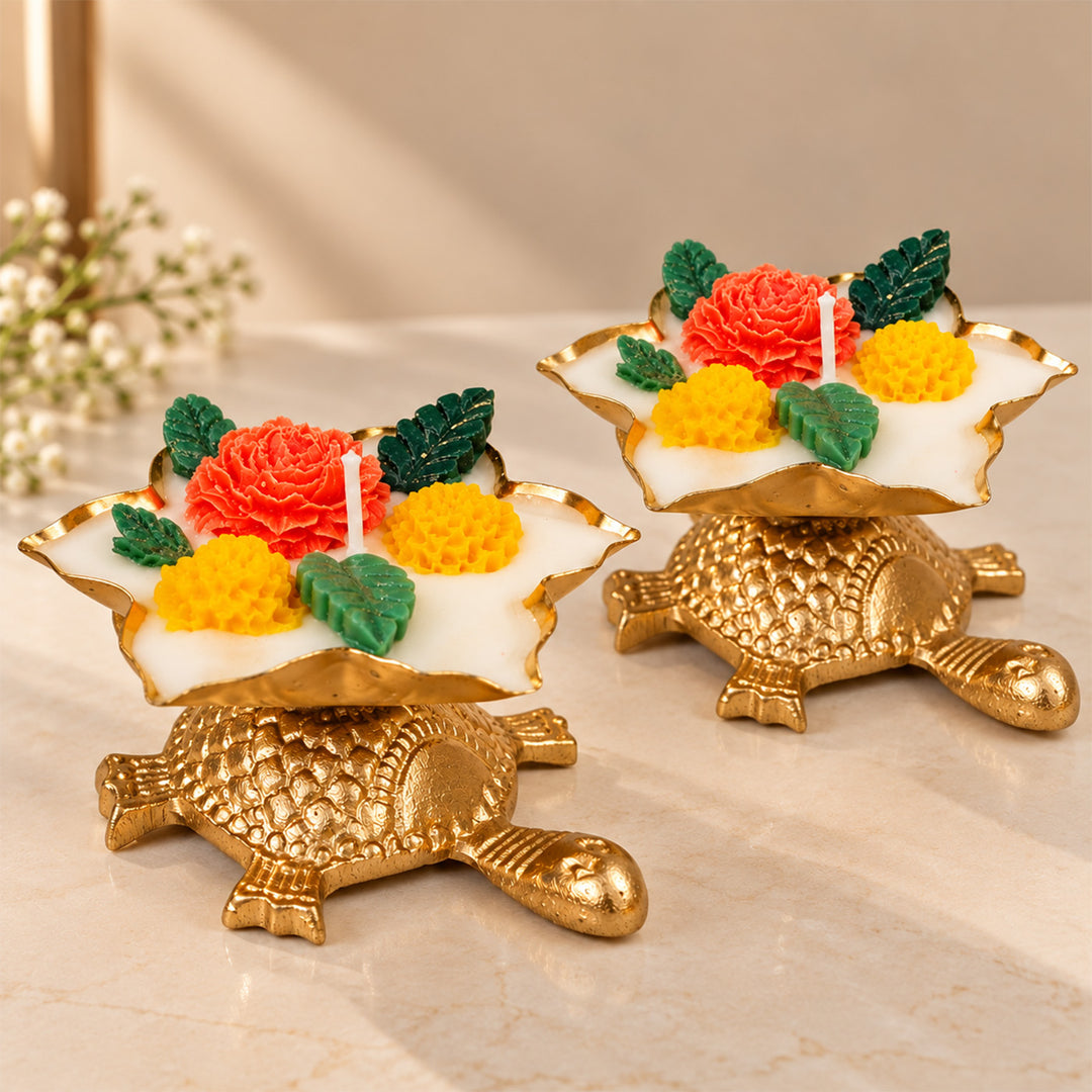 Handcrafted Royal Turtle Floral Golden Aluminium Mogra Scented Soy Wax Candle